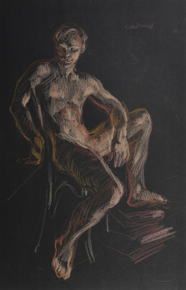 Paul Cadmus Seated Male Nude Crayon on Black Paper