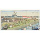 Utagawa Kuniteru II "Plan of Hotel Yedo T'skege" Woodblock Print Triptych