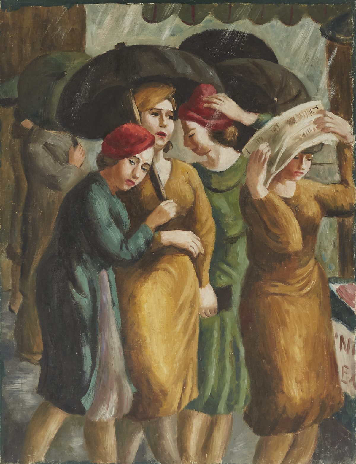 WPA Era Painting Women in the Rain Oil on Canvas