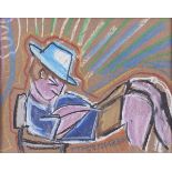 Dan Lebewitz Purple Man in Blue Hat Pastel on Paper