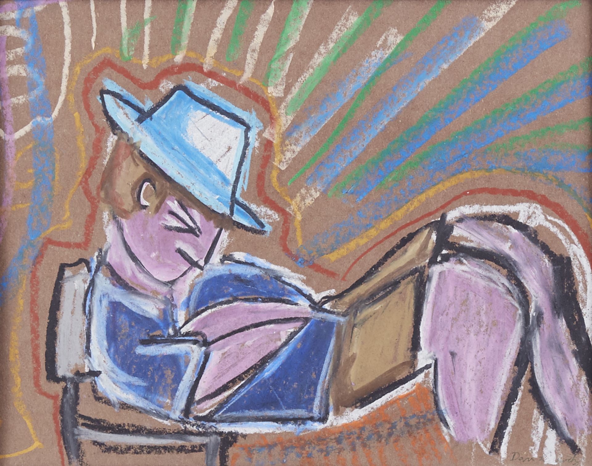 Dan Lebewitz Purple Man in Blue Hat Pastel on Paper