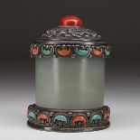 Antique Tibetan Silver Coral and Jade Archers Ring Box