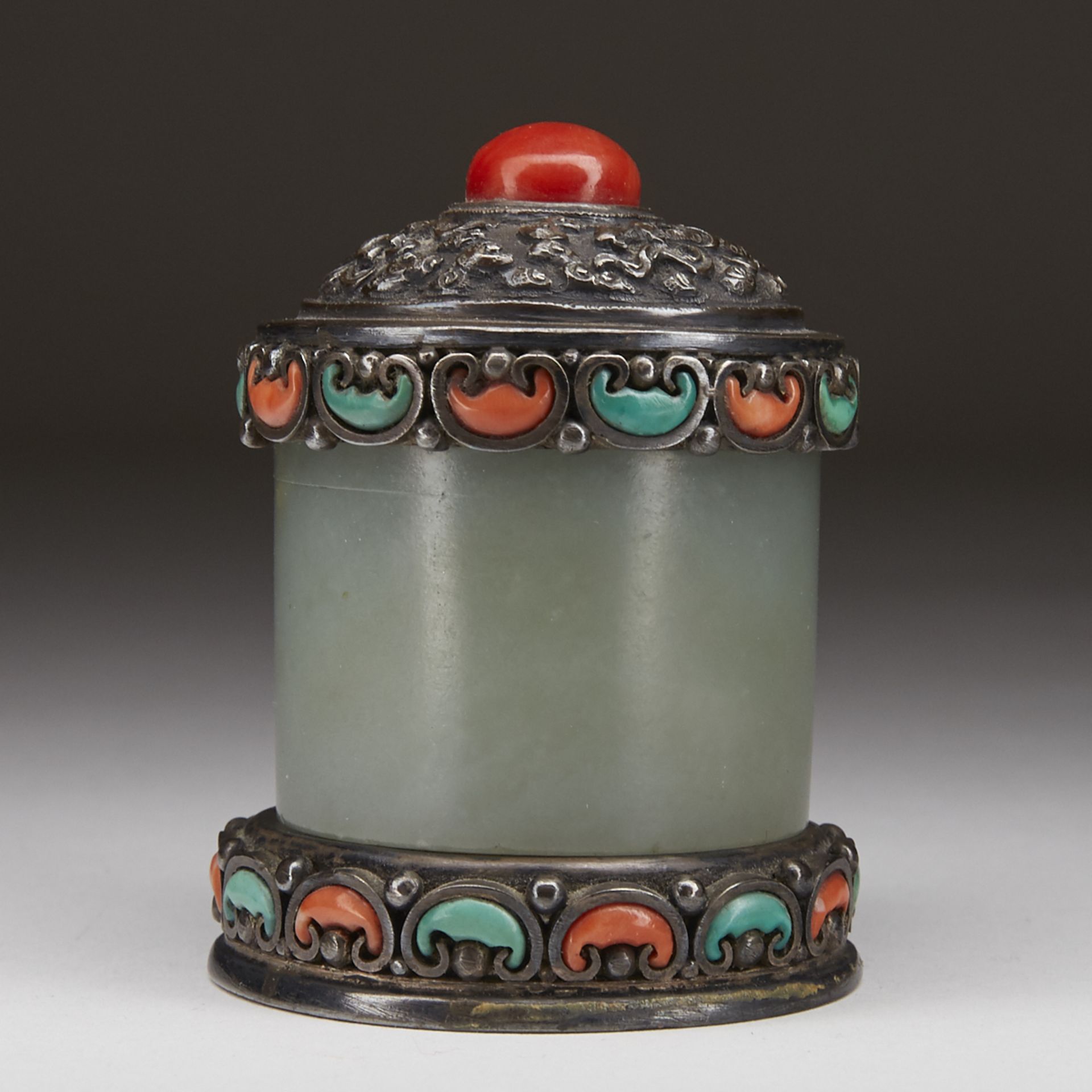 Antique Tibetan Silver Coral and Jade Archers Ring Box