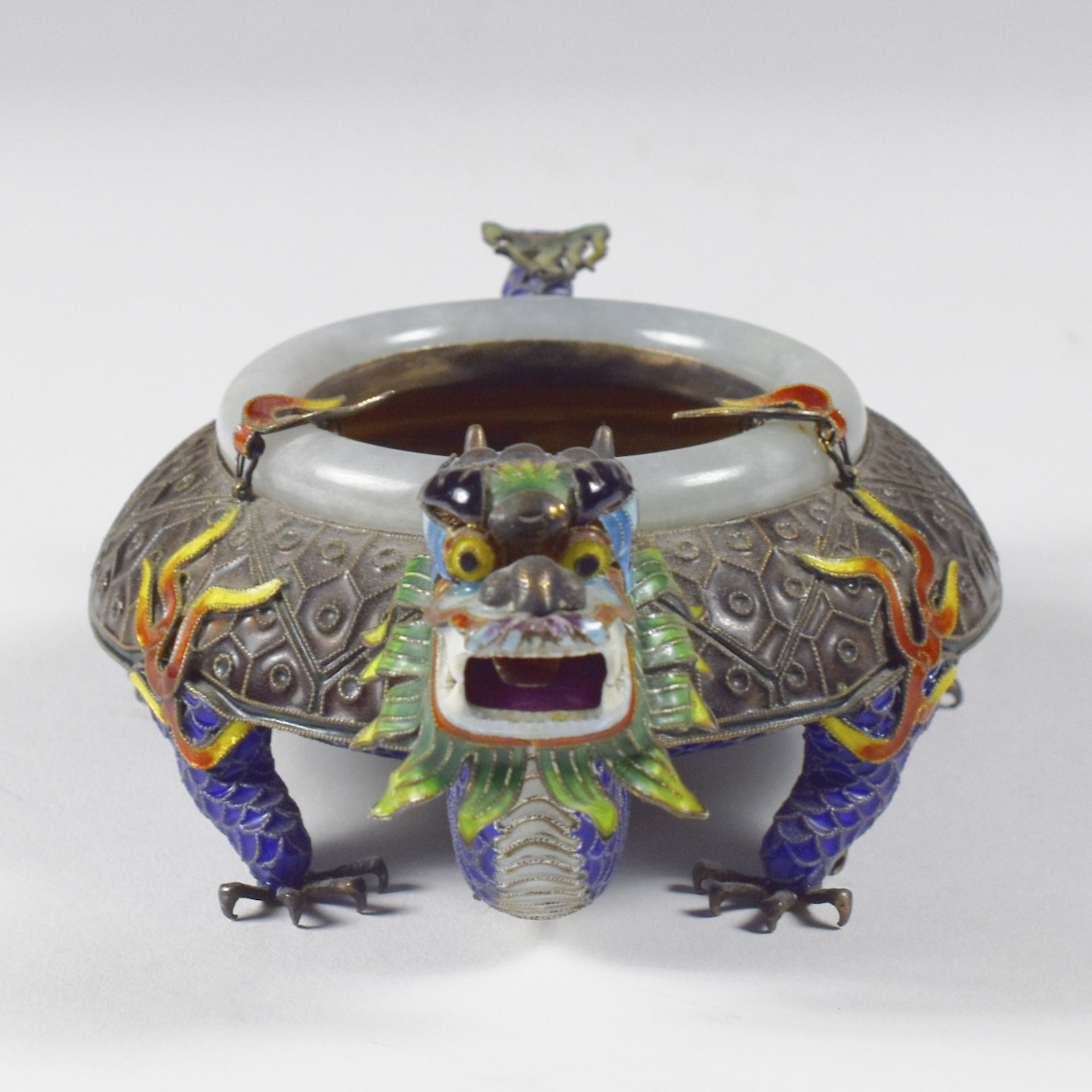 20th c. Chinese Silver Enameled Silver & Jade Dragon Ashtray - Image 2 of 8