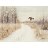 Noel L. Dunn Pheasant Flying Winter Landscape Watercolor on Paper Board