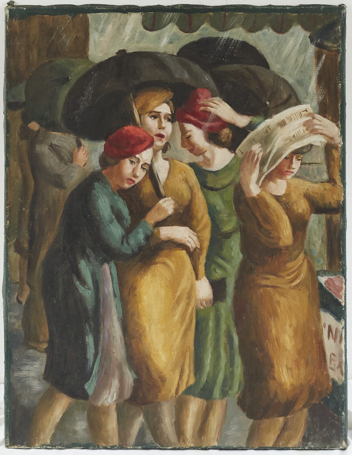 WPA Era Painting Women in the Rain Oil on Canvas - Image 2 of 4