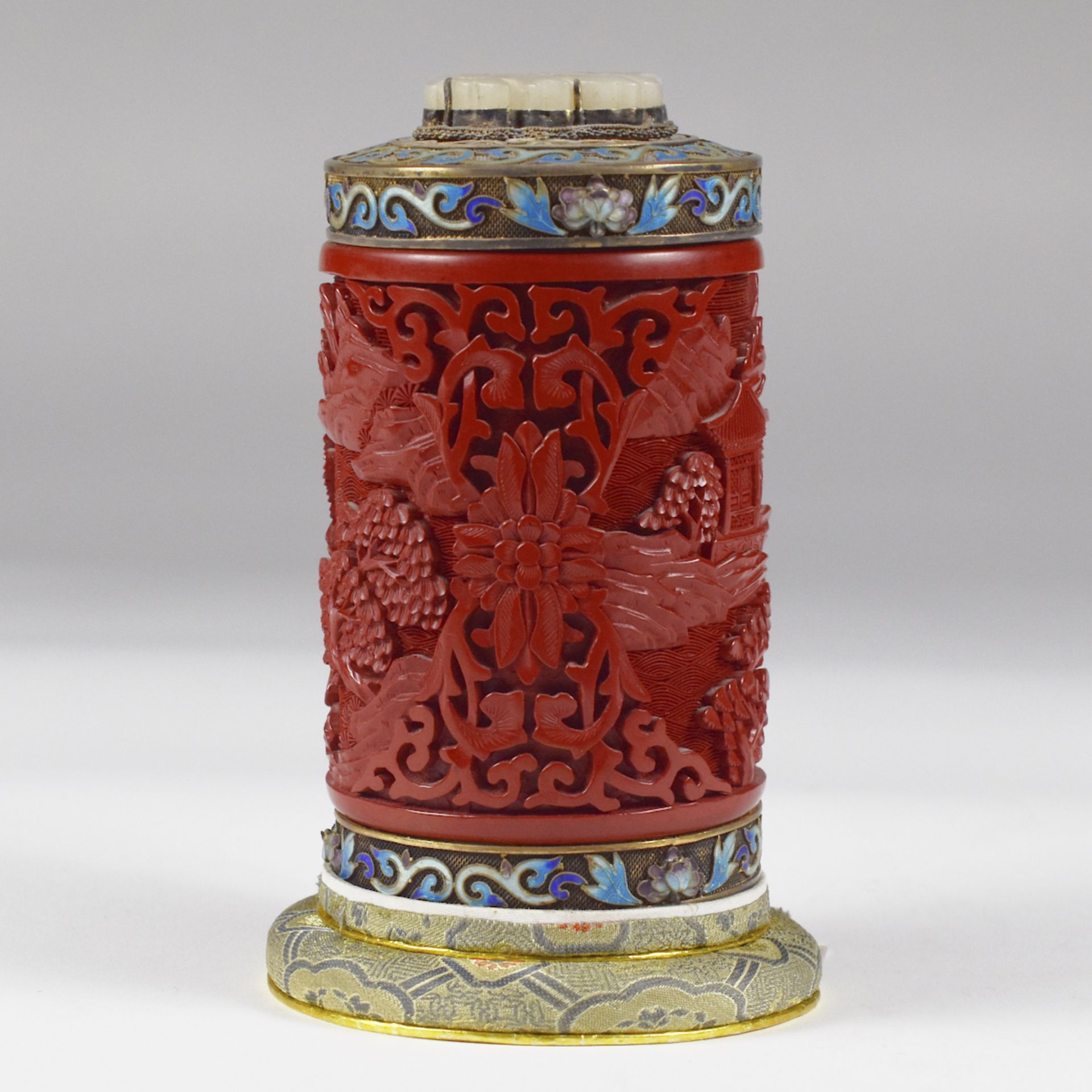 20th c. Chinese Cinnabar Enamel & Jade Tea Caddy - Image 4 of 10