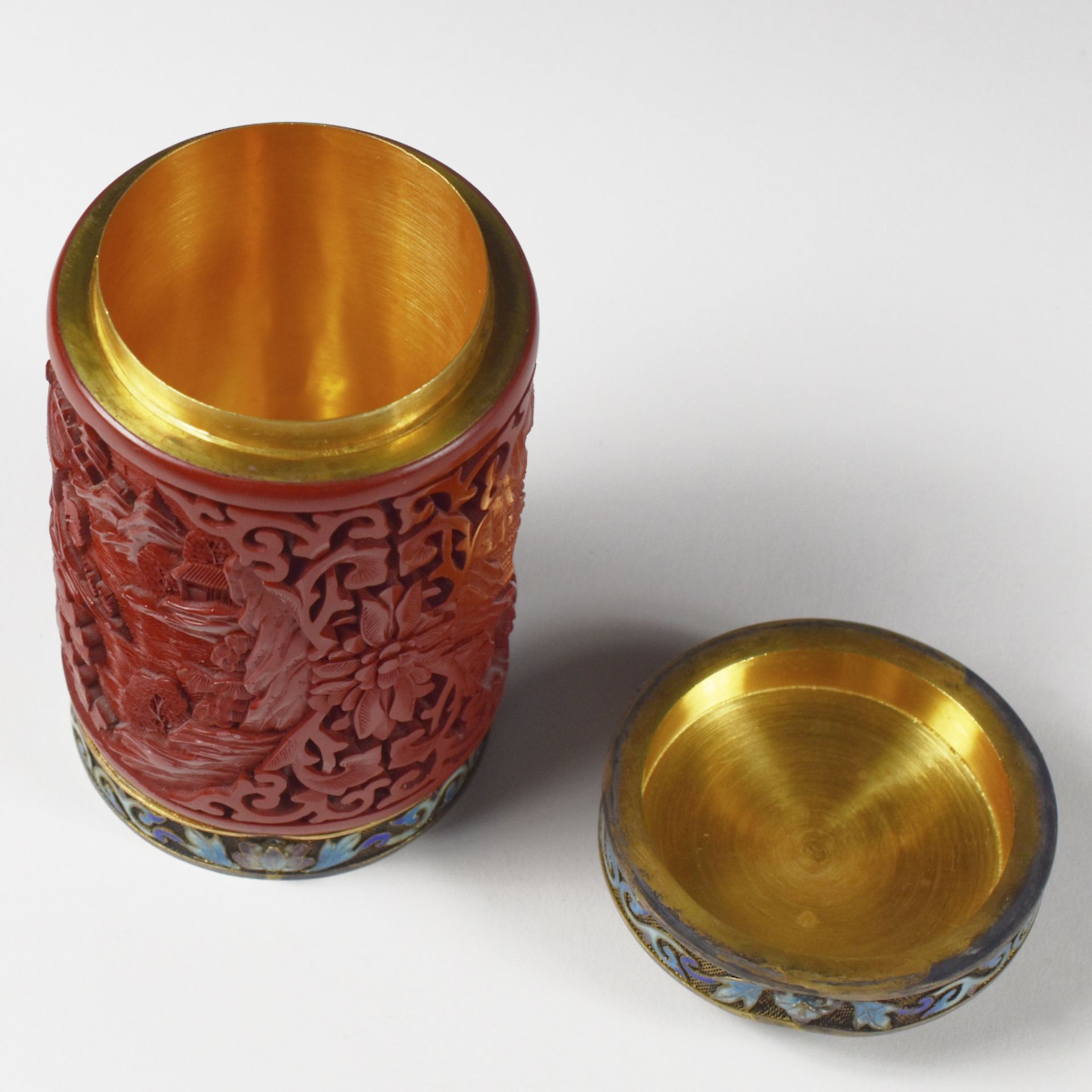 20th c. Chinese Cinnabar Enamel & Jade Tea Caddy - Image 6 of 10