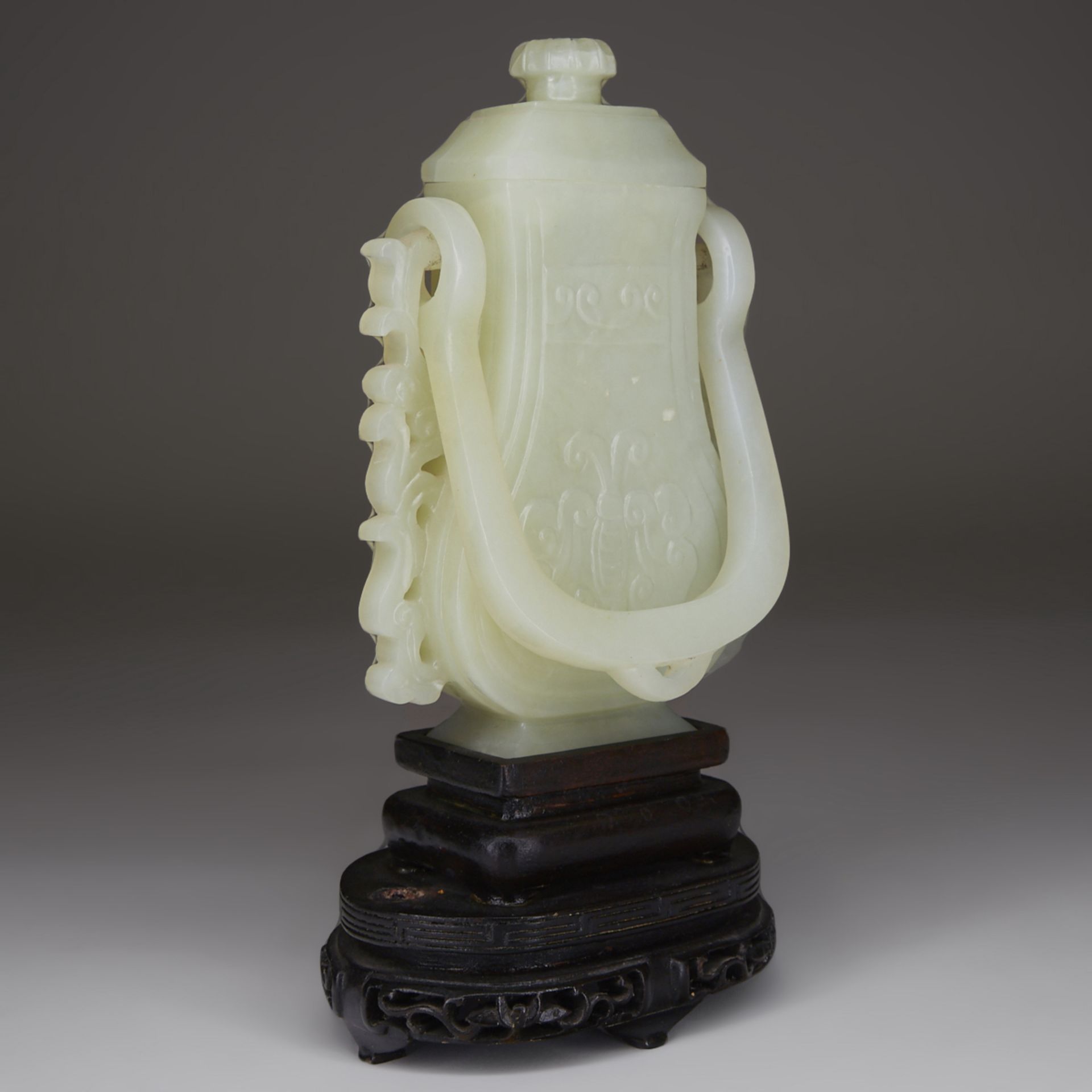 Chinese Carved Jade Lidded Vase w/ Stand