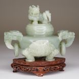 Chinese Hardstone Green Tripod Censer w/ Stand