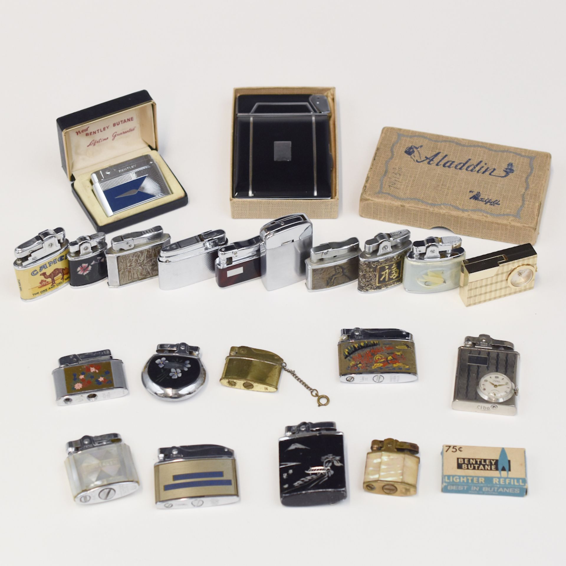 Lrg Grp: Assorted Mechanical Lighters and Cigarette Case