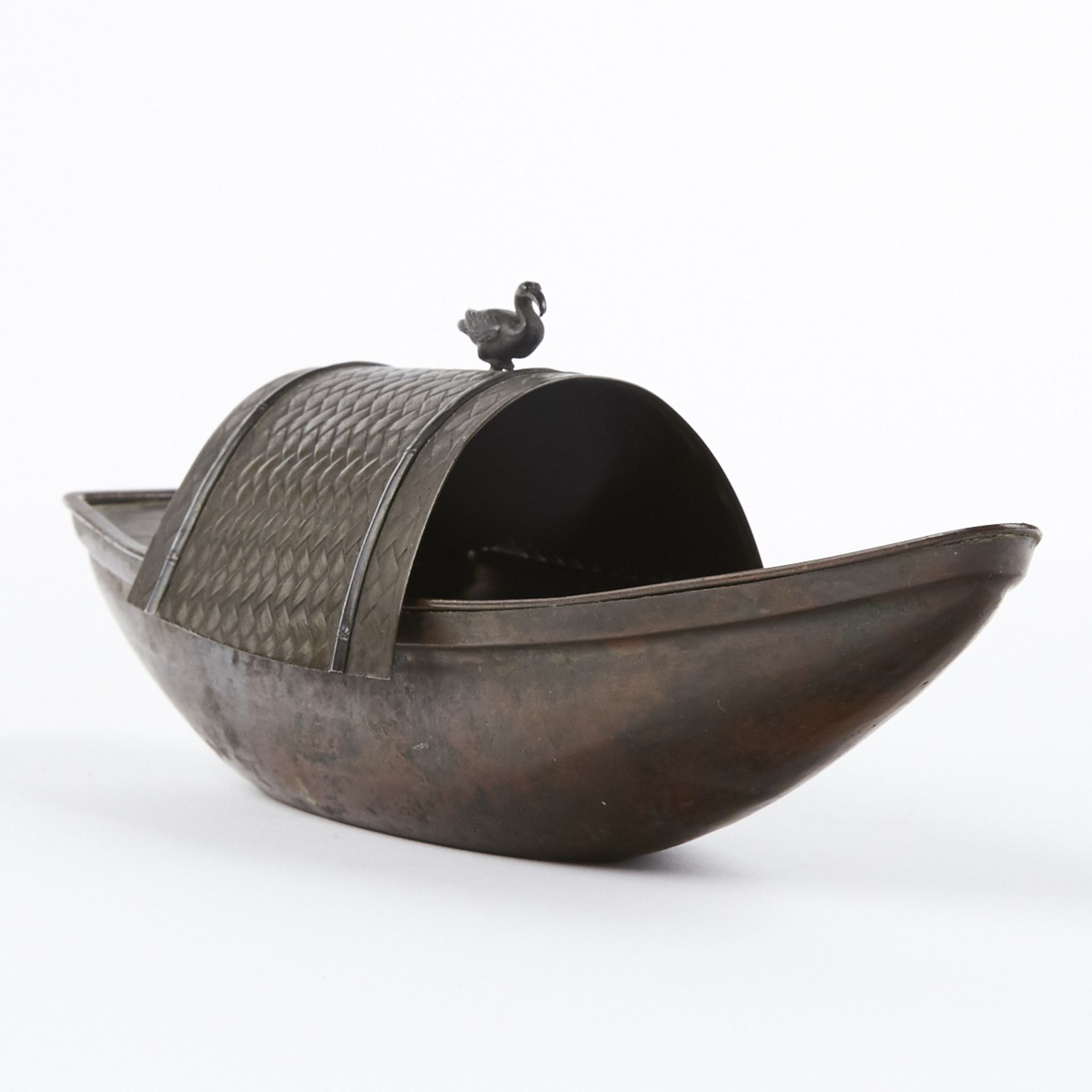 Japanese Okimono Copper Boat and Crane - Marked