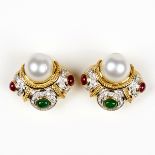 18K Diamond Pearl Emerald Ruby Clip Back Earrings