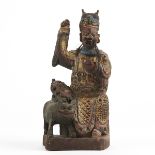 Early Carved Chinese Painted Deity w/ Foo Lion