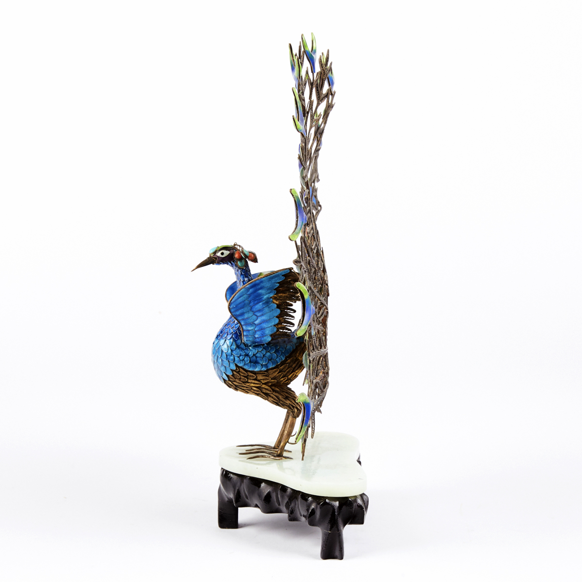 Chinese Enameled Silver Peacock & Jade Stand - Image 2 of 5