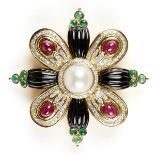 18K Diamond Ruby Emerald Onyx Brooch