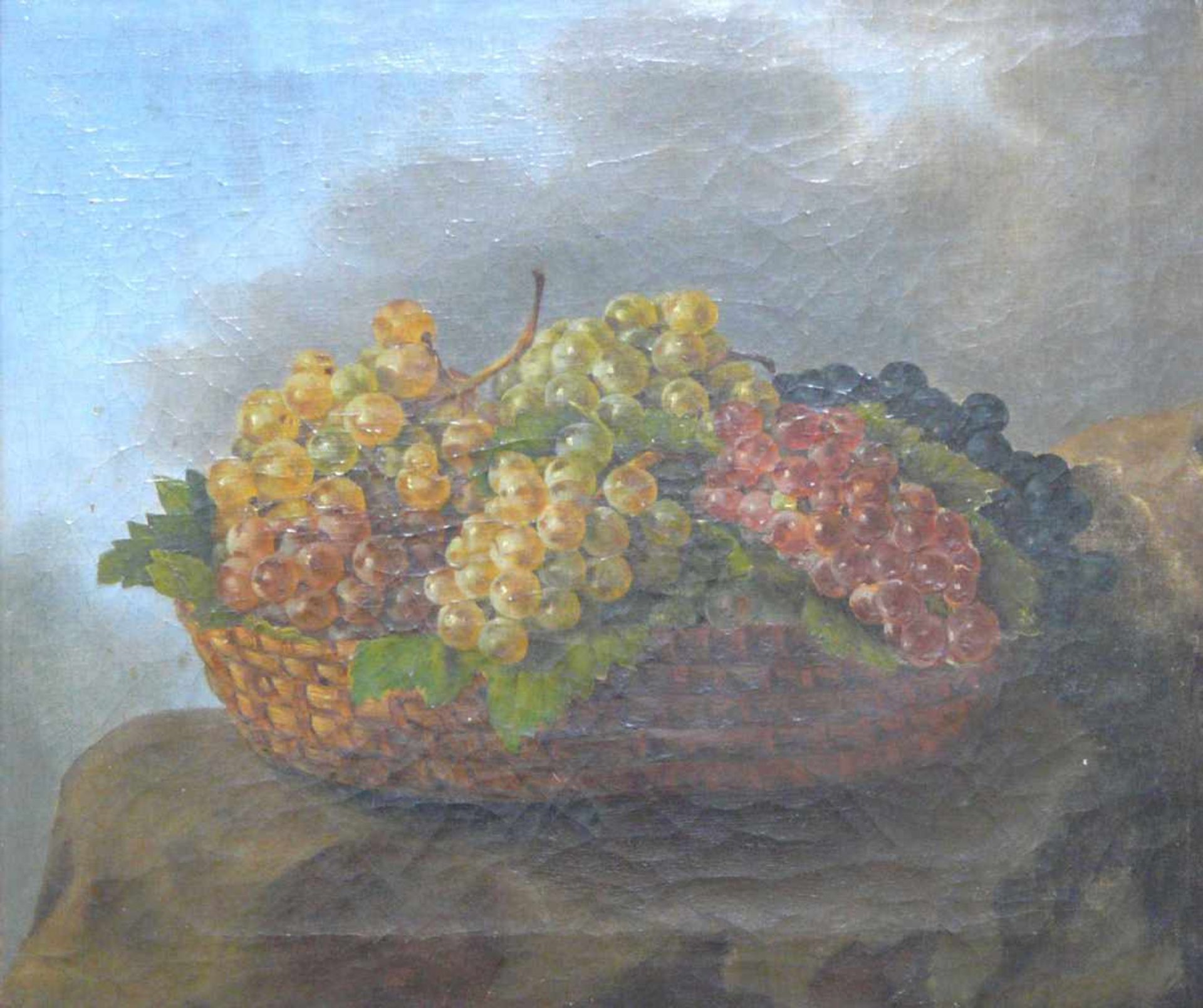 Unbekannter Künstler, Tischstillleben mit Weintrauben Wohl um 1880. Motiv: Auf einem Tisch stehend