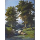 Unbekannter Künstler, Sommerliche Wald- und Wiesenlandschaft mit BachlaufWohl um 1860. Motiv: Ein