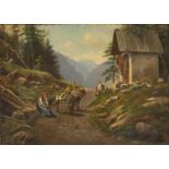 Unbekannter Künstler, Bauernpaar am Bildstock im Gebirge (1864 zwischen Sölden und Lengenfeld in
