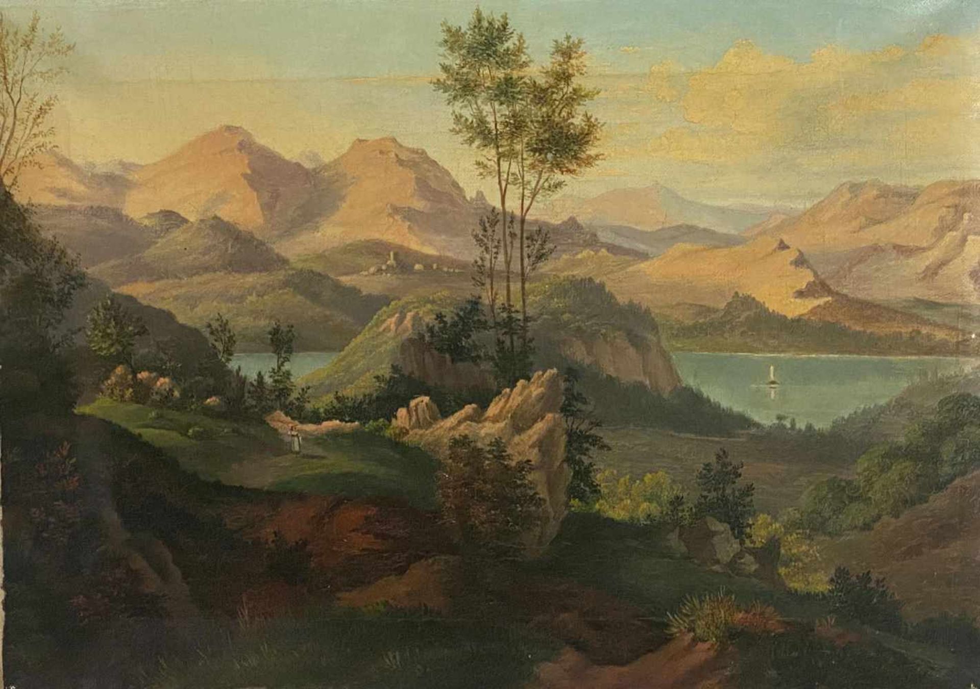 Unbekannter Künstler, Alpine Landschaft an idyllischem Gebirgssee