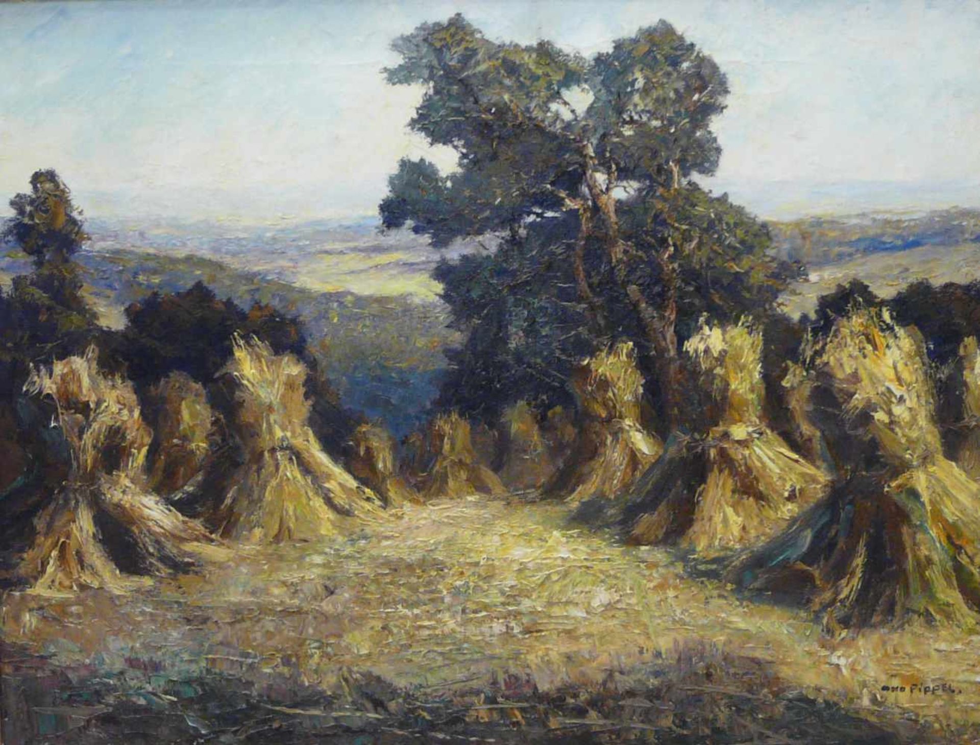 Otto Pippel, "Erntezeit" Kornpuppen in weiter Landschaft)