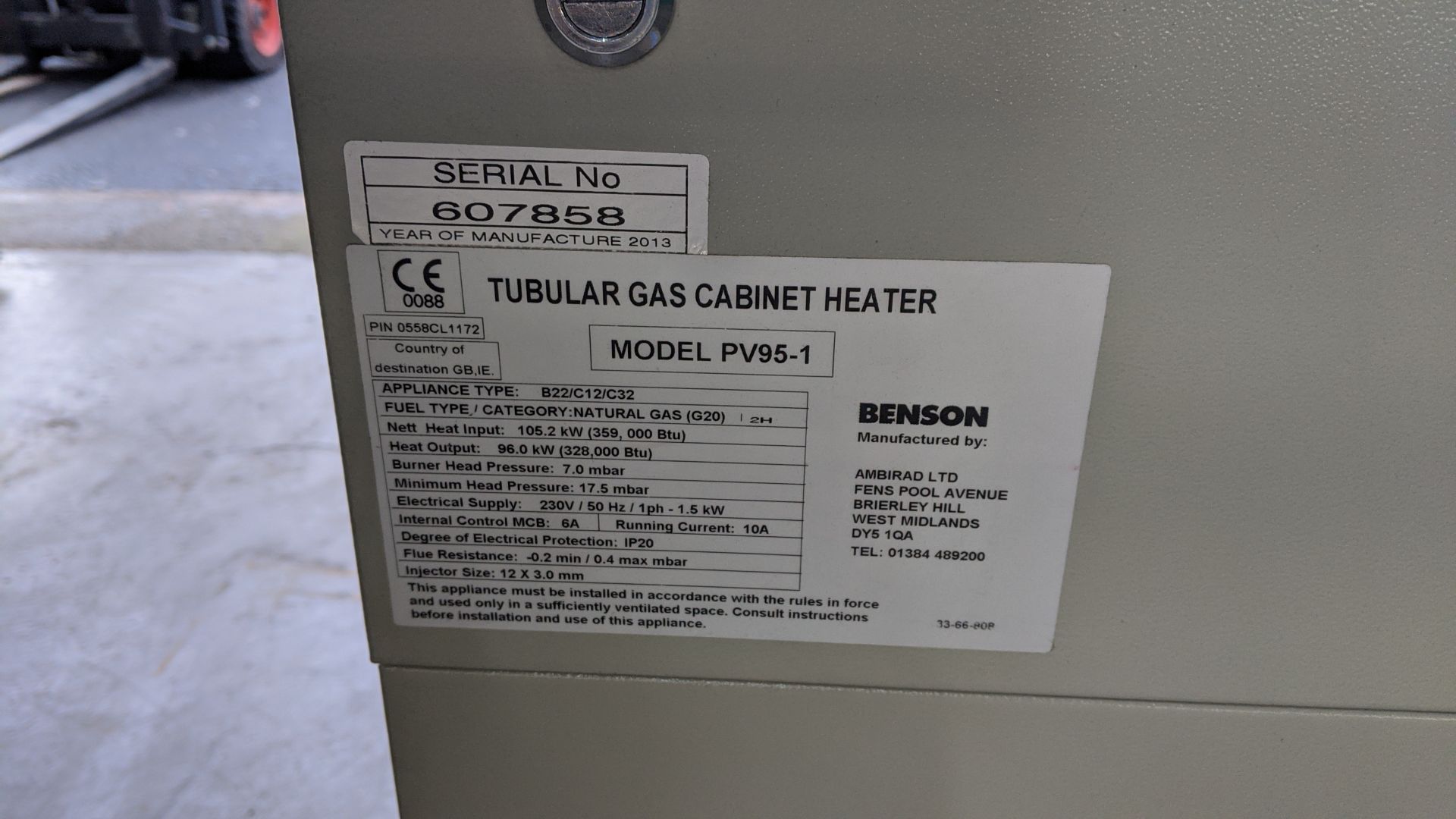 Benson tubular gas cabinet heater model PV95-1 serial no. 607858 with digital control panel. This - Image 12 of 17