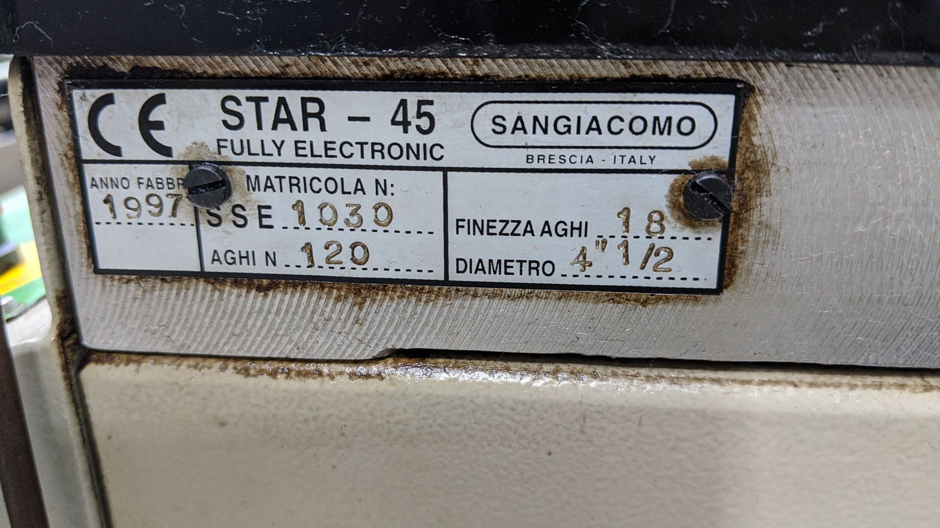 1997 Sangiacomo Star 45 hosiery/sock knitting machine including freestanding frame/yarn holder as - Image 23 of 23