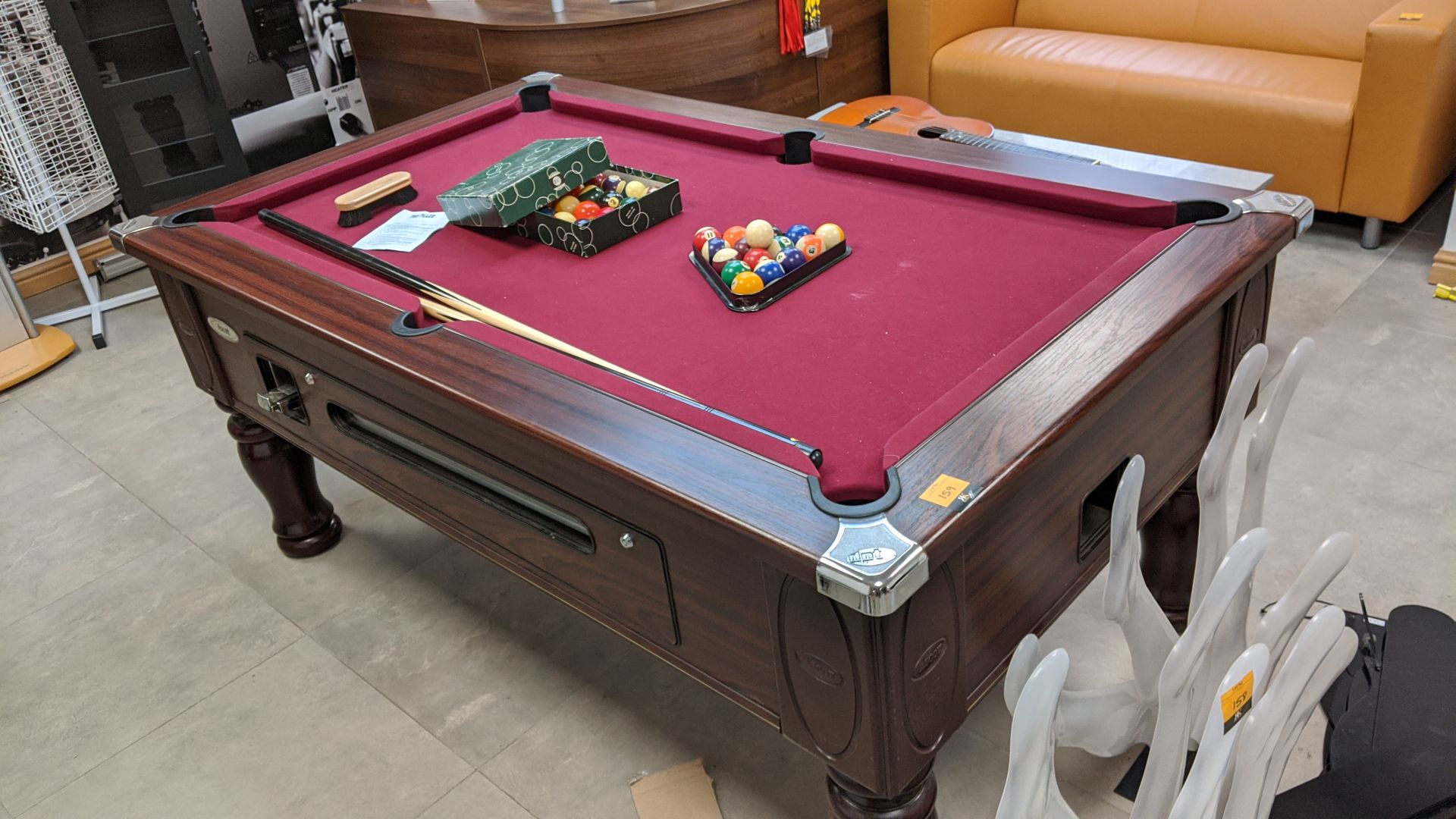 DPT Ascot pool table with red/burgundy baize, including 2 off cues, triangle and full set of