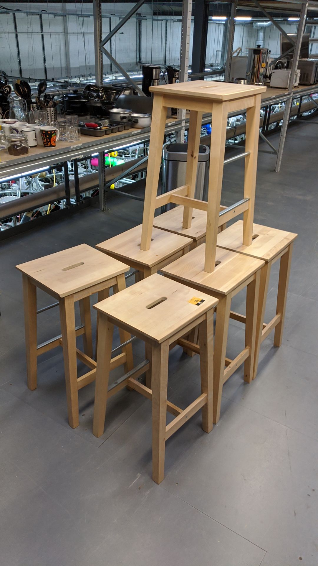 7 off wooden stools Please note, lots 1 - 200 are located at Samson Hosiery's former trading