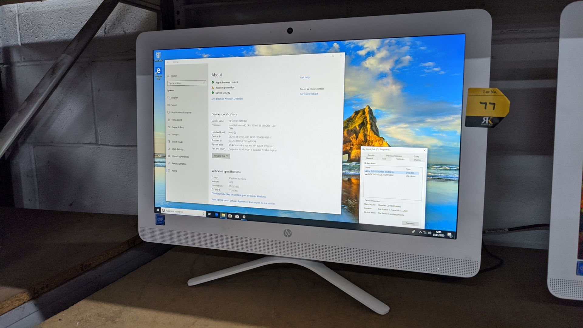 HP all-in-one PC model 22-B000NA with Intel Celeron J3060 @ 1.6GHz, 4Gb RAM, 1Tb HDD. NB does not