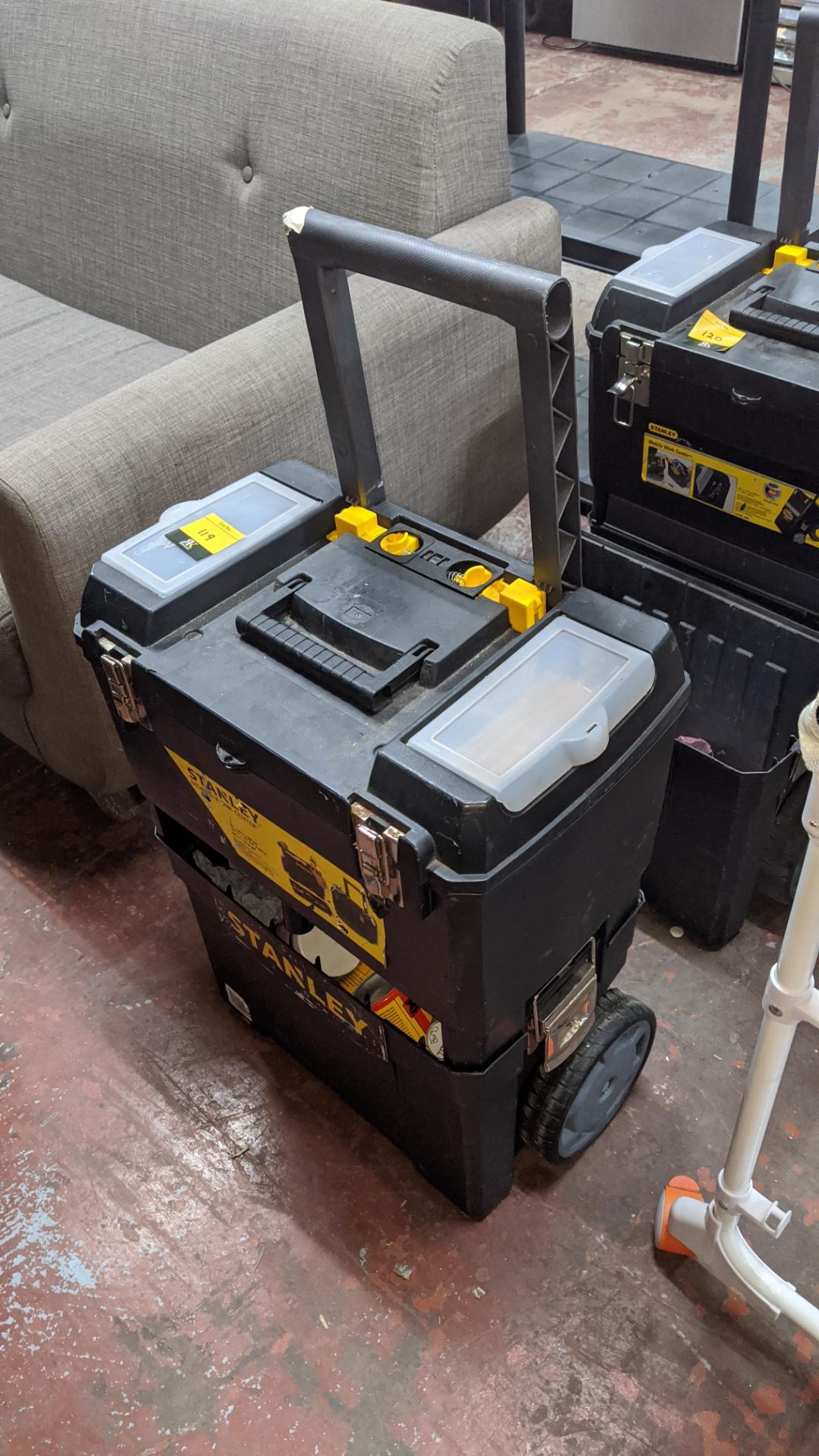 Stanley mobile work centre (tool box) including contents of stains & other items used in furniture