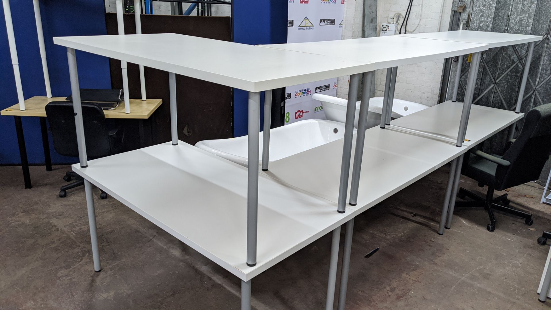 6 off matching white tables each with 4 silver grey metal legs. This is one of a number of lots