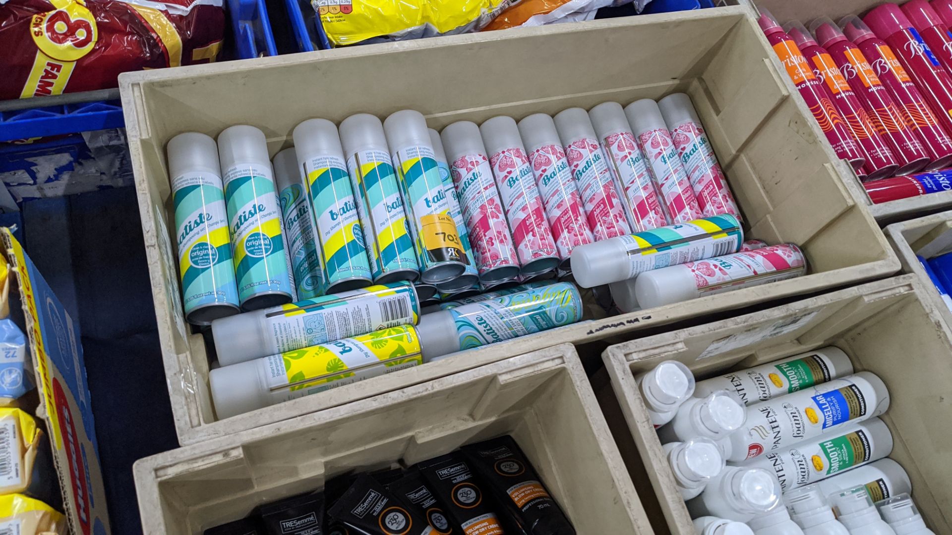 Contents of a crate of Batiste assorted hair products - crate excluded. IMPORTANT – DO NOT BID