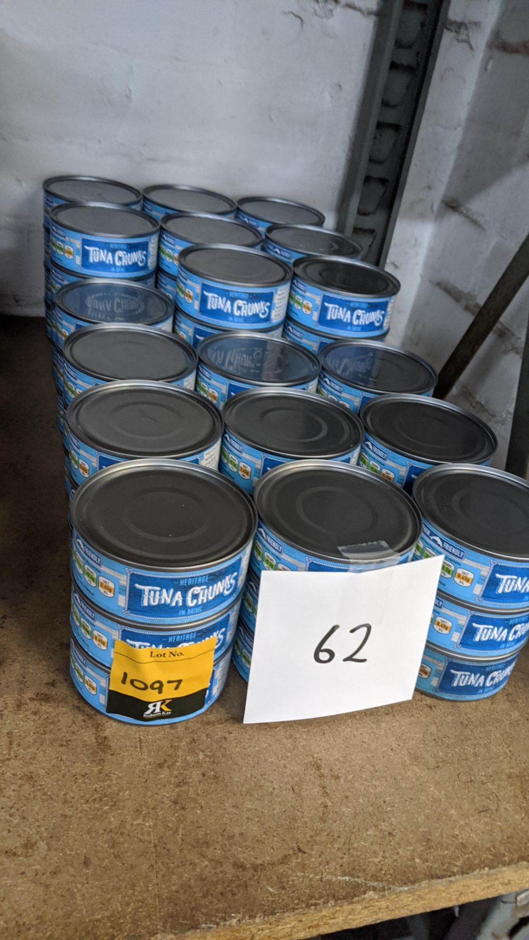 62 tins of Heritage tuna chunks. IMPORTANT – DO NOT BID BEFORE READING THE IMPORTANT INFORMATION