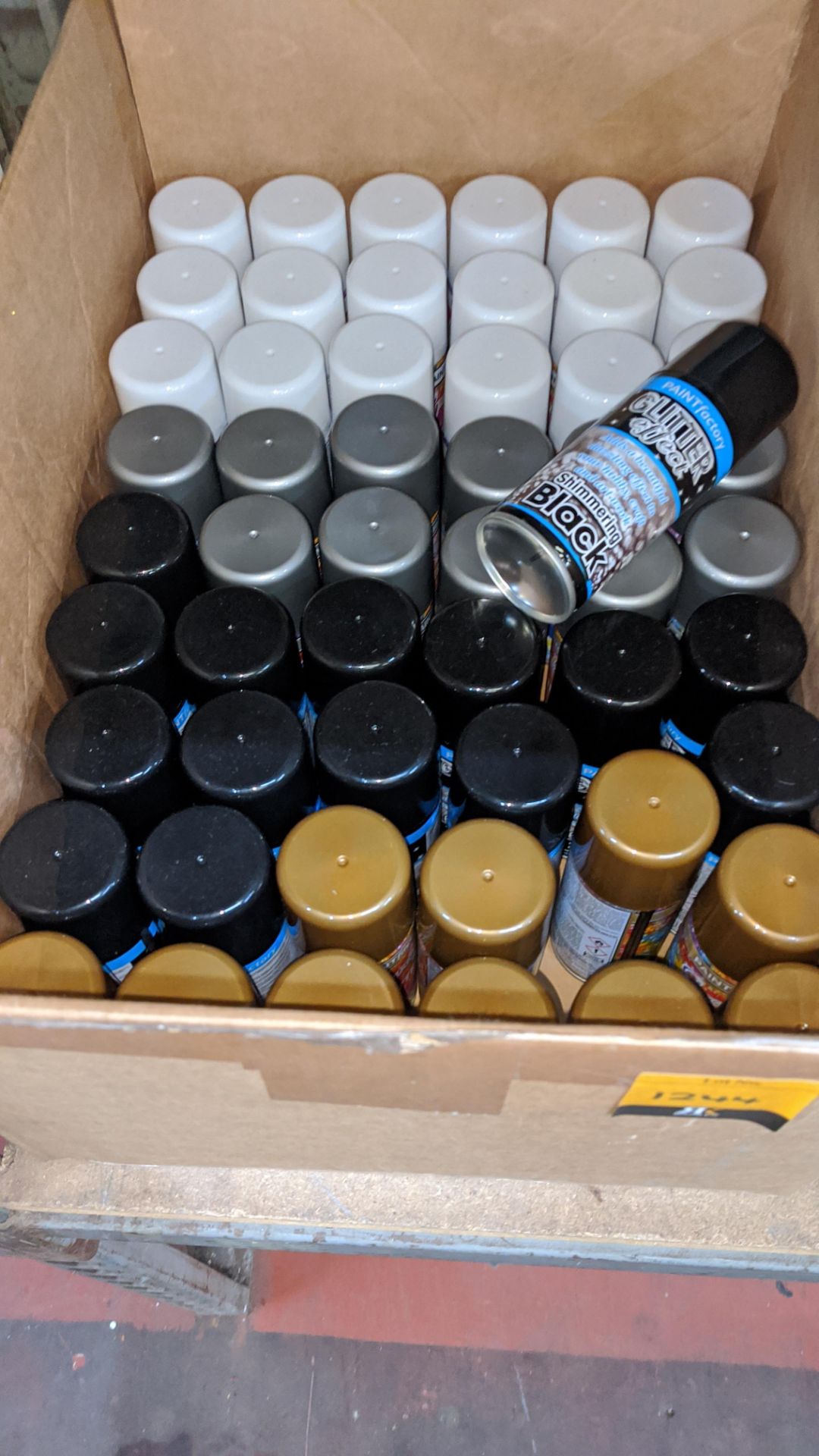 Box of assorted cans of spray glitter paint. IMPORTANT – DO NOT BID BEFORE READING THE IMPORTANT - Image 2 of 3