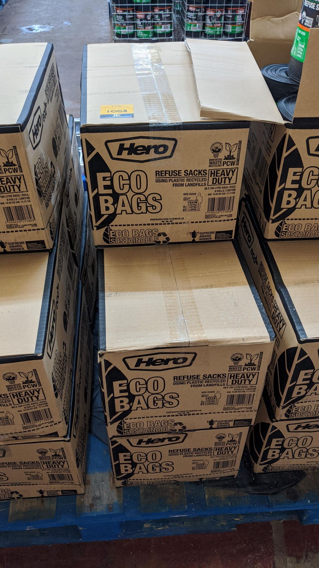 5 boxes of Hero Eco refuse sacks, each box containing 6 rolls. Each roll contains 50 off 100 litre