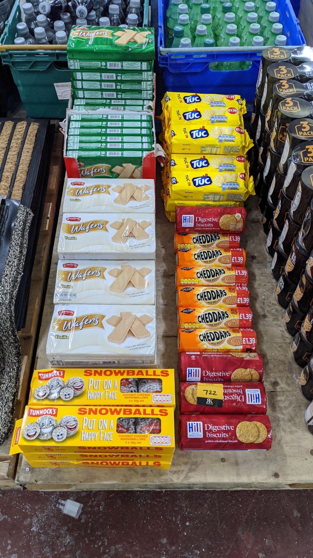 Double row of assorted biscuit & wafer products. IMPORTANT – DO NOT BID BEFORE READING THE IMPORTANT