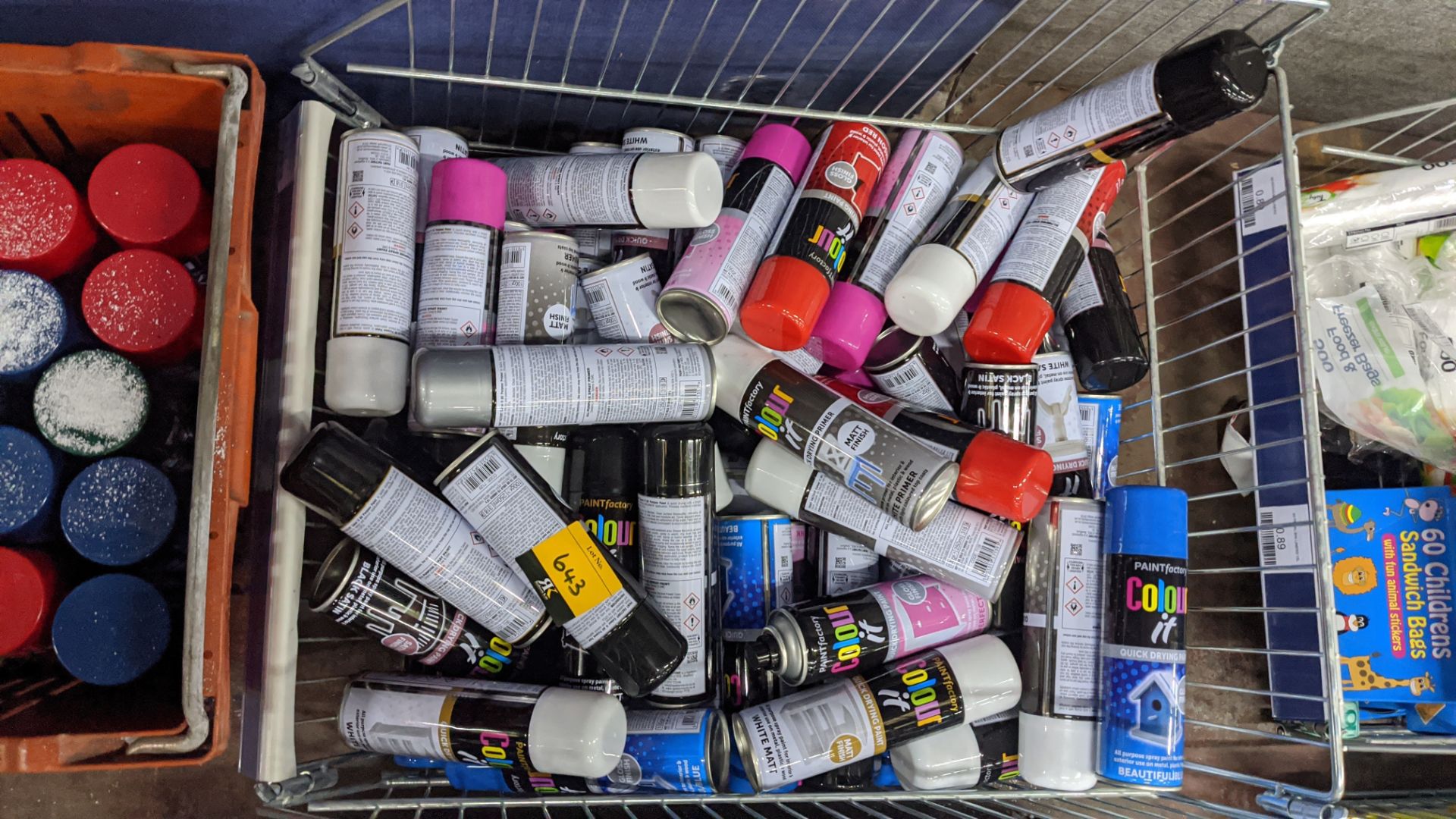 Contents of a crate of assorted quick drying spray paint . IMPORTANT – DO NOT BID BEFORE READING THE - Image 2 of 3