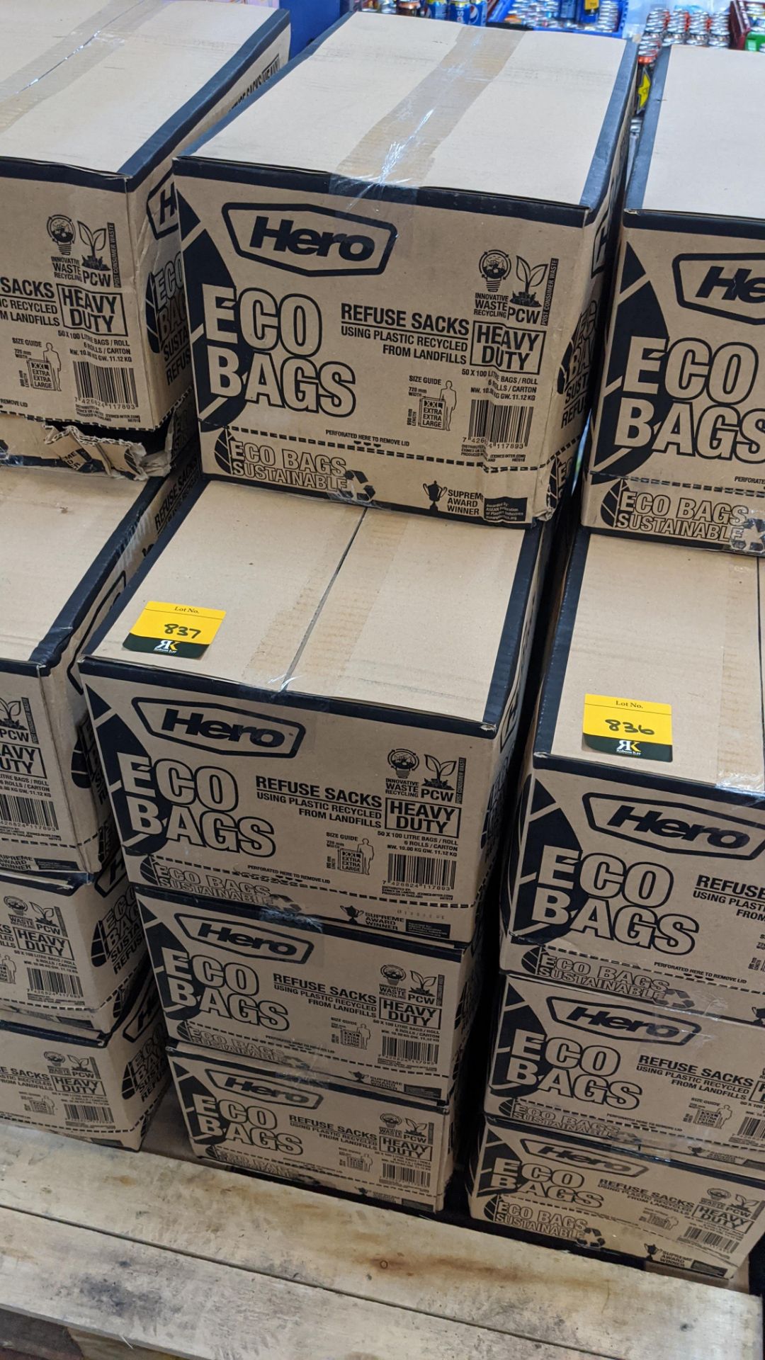 7 boxes of Hero Eco refuse sacks, each box containing 6 rolls. Each roll contains 50 off 100 litre