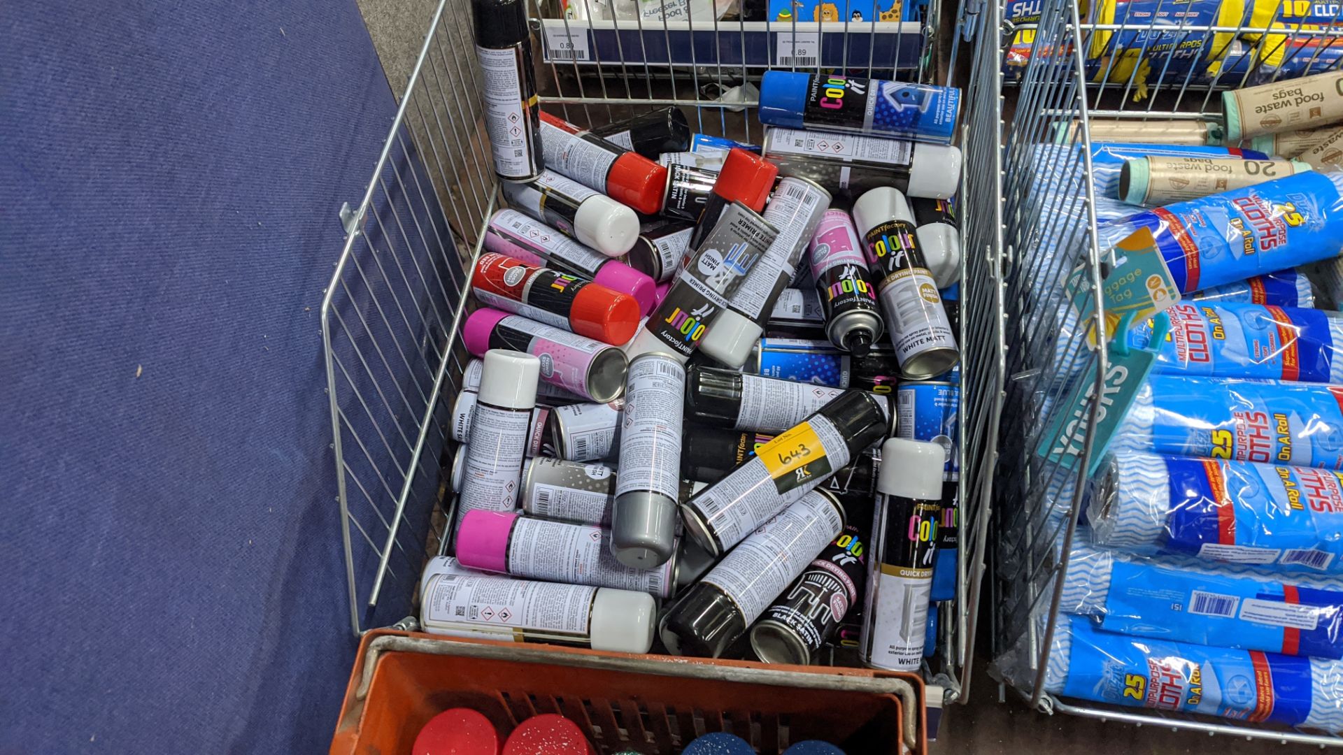 Contents of a crate of assorted quick drying spray paint . IMPORTANT – DO NOT BID BEFORE READING THE