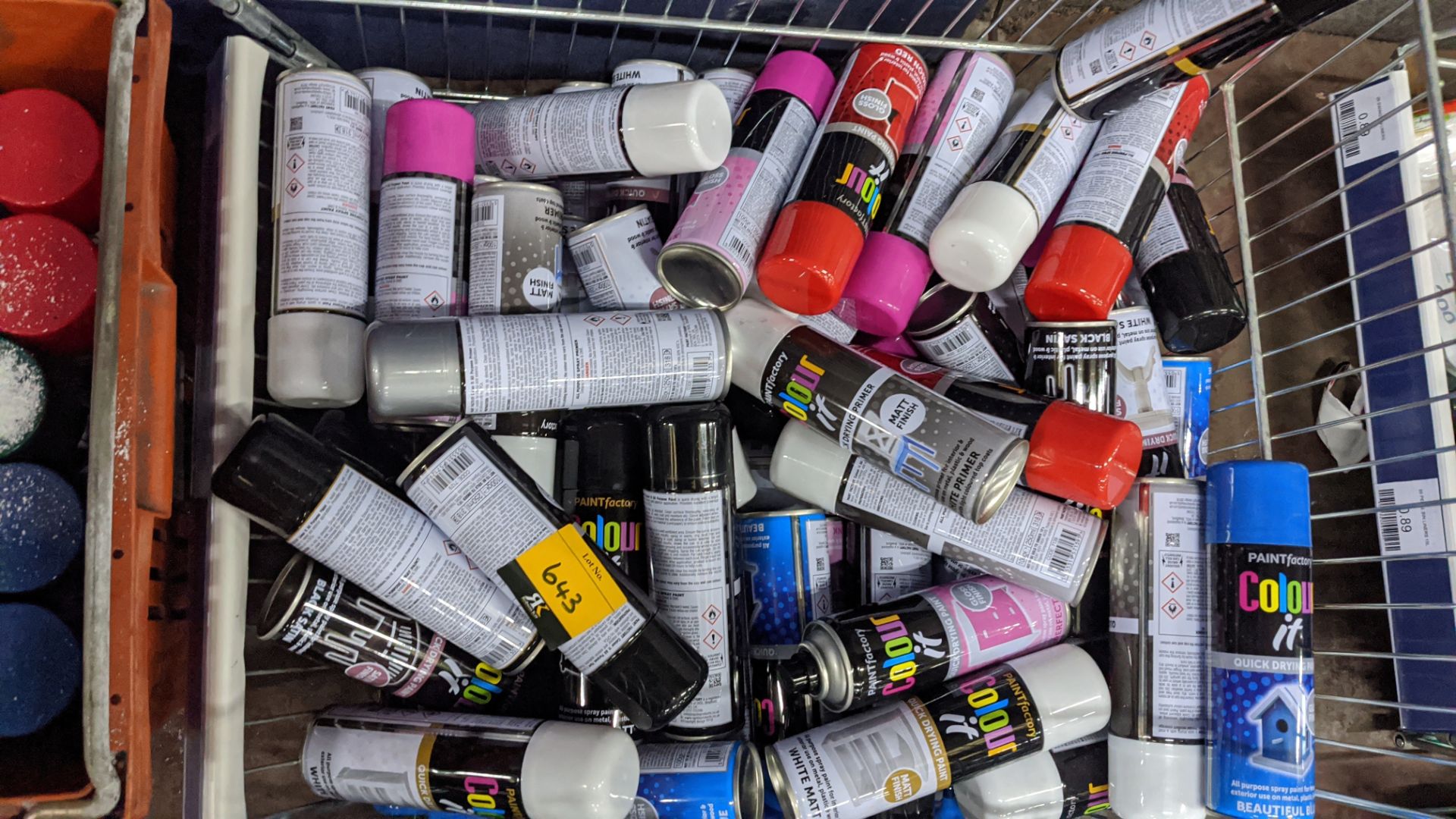 Contents of a crate of assorted quick drying spray paint . IMPORTANT – DO NOT BID BEFORE READING THE - Image 3 of 3