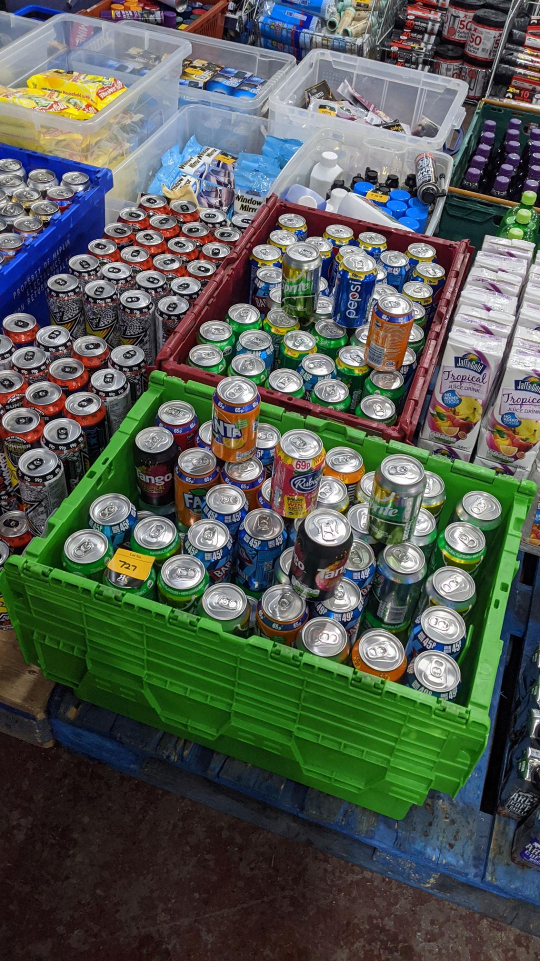 Contents of 2 crates of assorted cans of soft drink including Tango, Sprite, Pepsi & more - crate