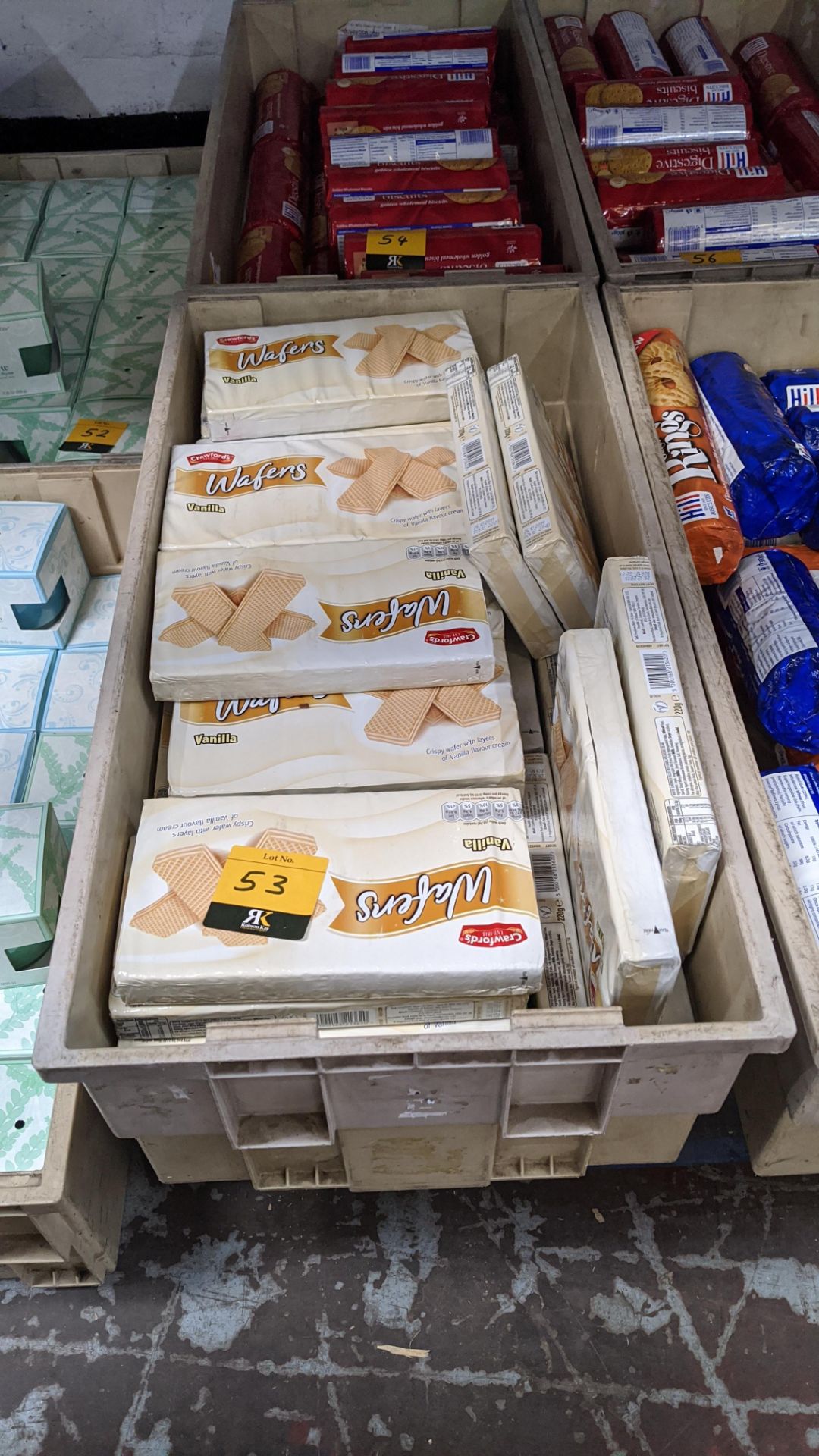 Contents of a crate of Crawfords biscuit wafers in vanilla & hazelnut flavours - crate excluded.