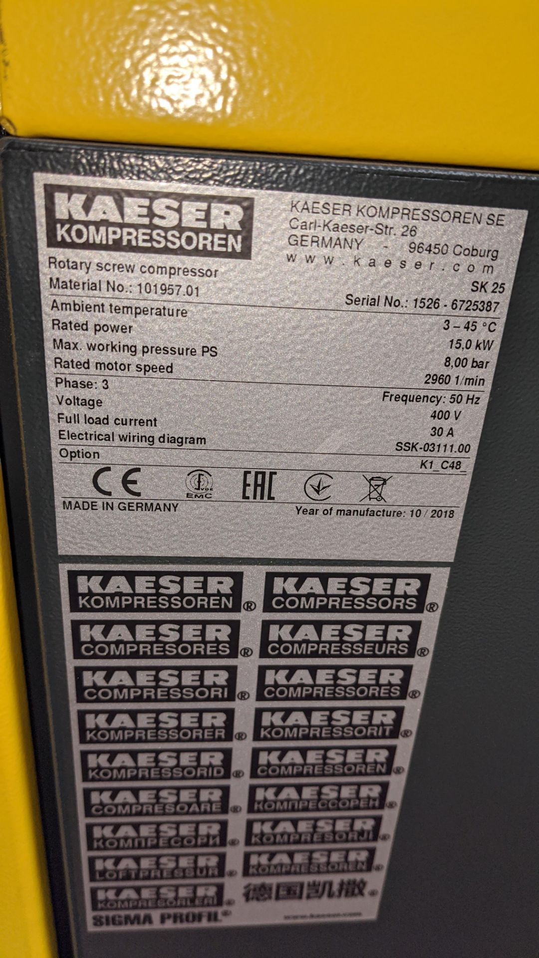 Compressor system comprising HPC Sigma model SK25 compressor (date of manufacture October 2018) plus - Image 6 of 12