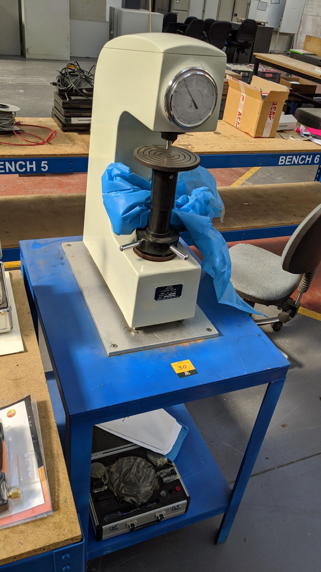 Oxford Precision model HR-150A Rockwell hardness tester on dedicated table plus case of - Image 3 of 9