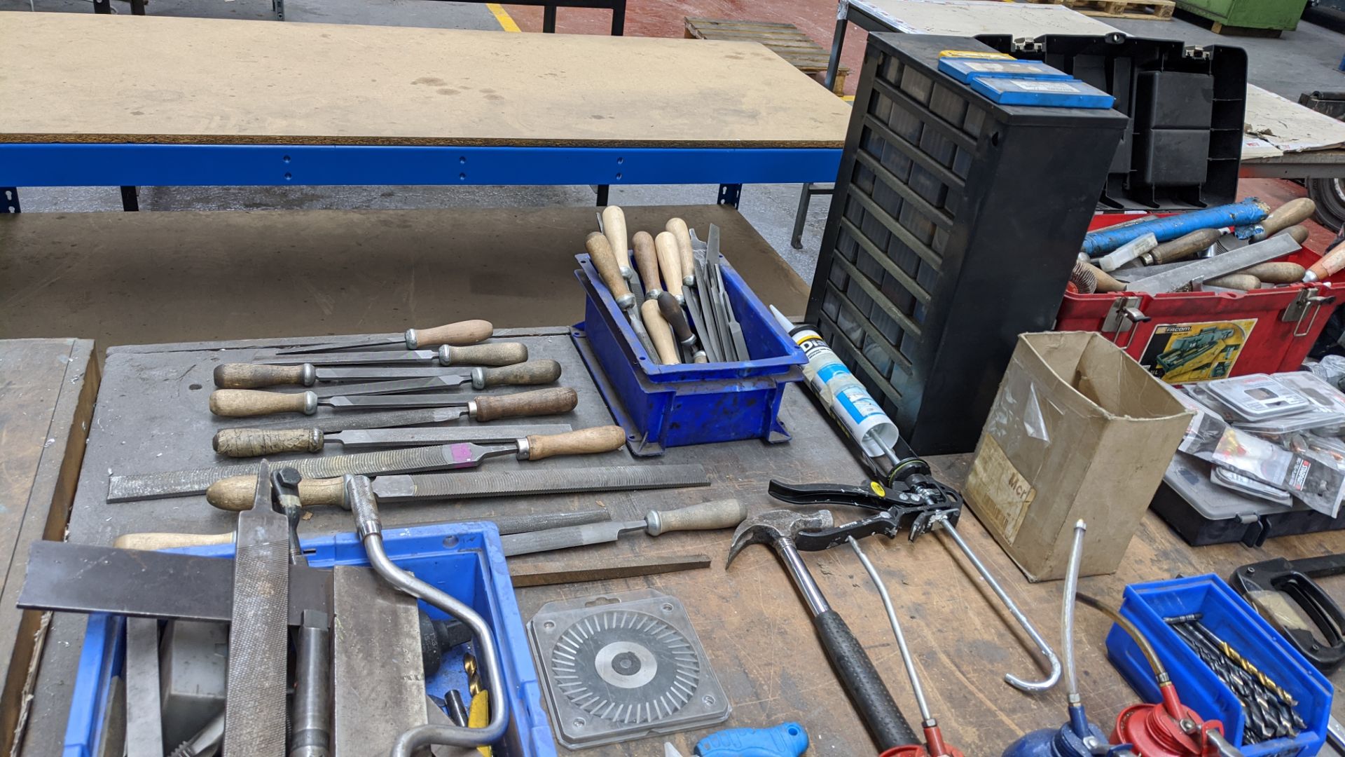 Bench & contents including vice, hand tools, riveting equipment, face masks & other PPE, chisels & - Image 7 of 12