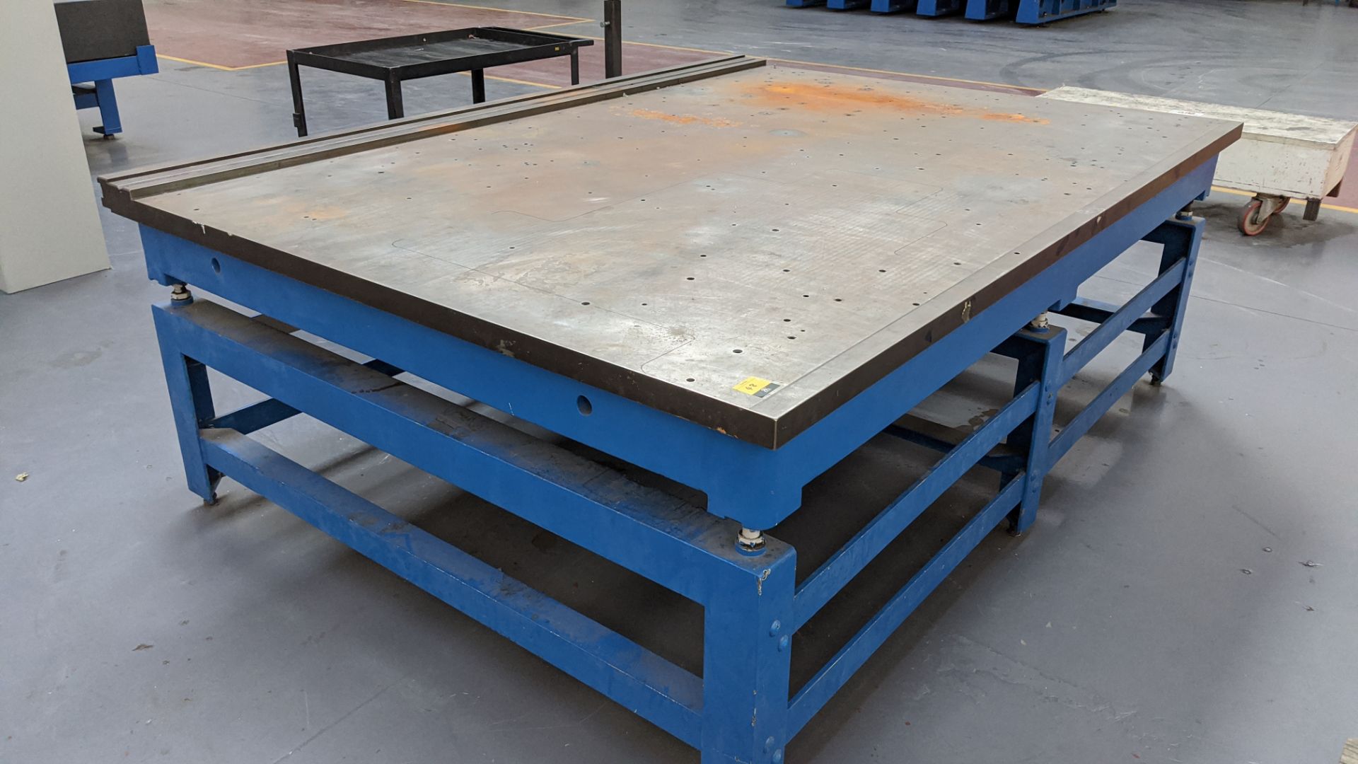 Cast iron table on blue metal frame, tabletop approx. 2440mm x 1830mm, total height as pictured - Image 4 of 6