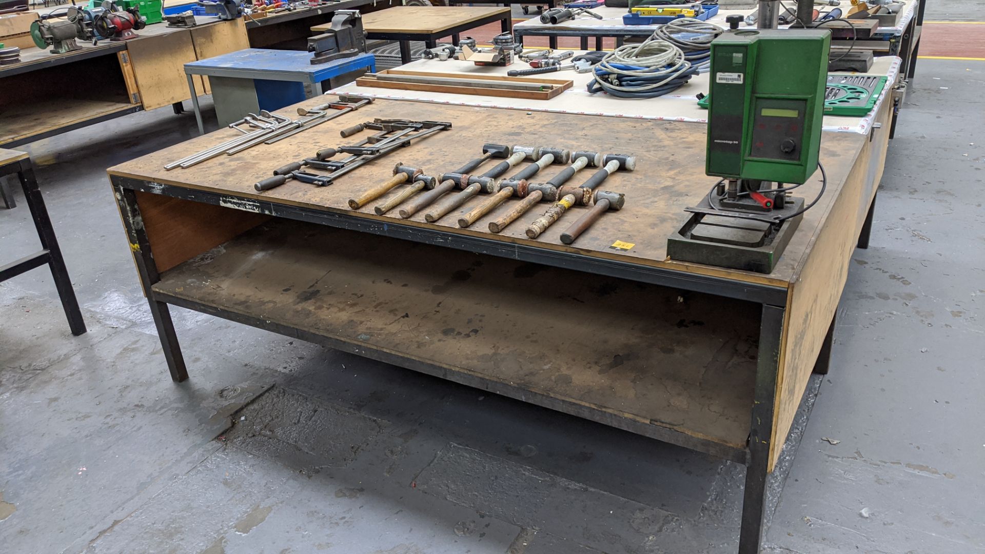 Bench & contents including clamps, mallets & Microtap 90