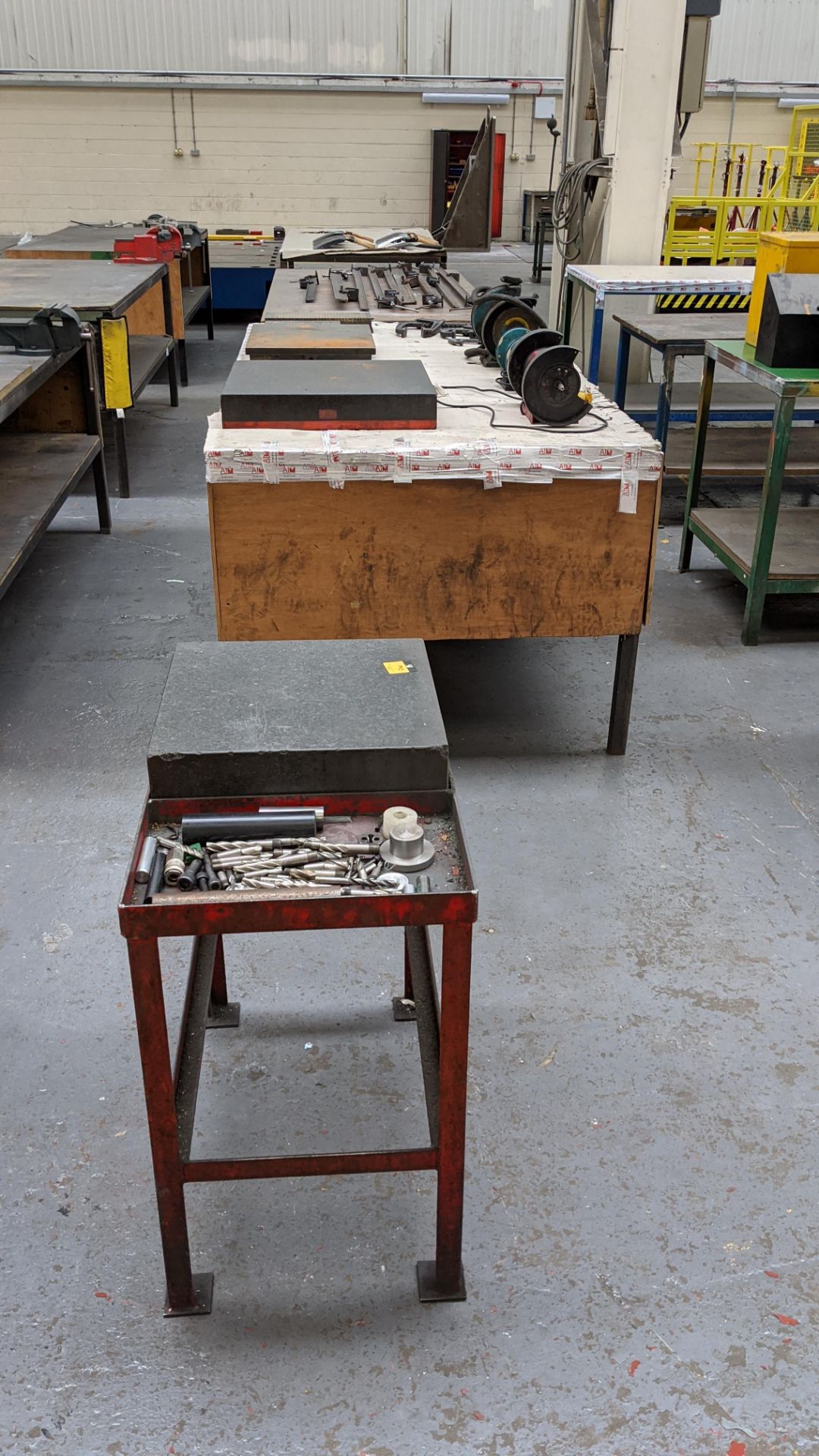 Mixed lot comprising 3 off large workbenches, 1 off small metal frame, 1 off granite surface table