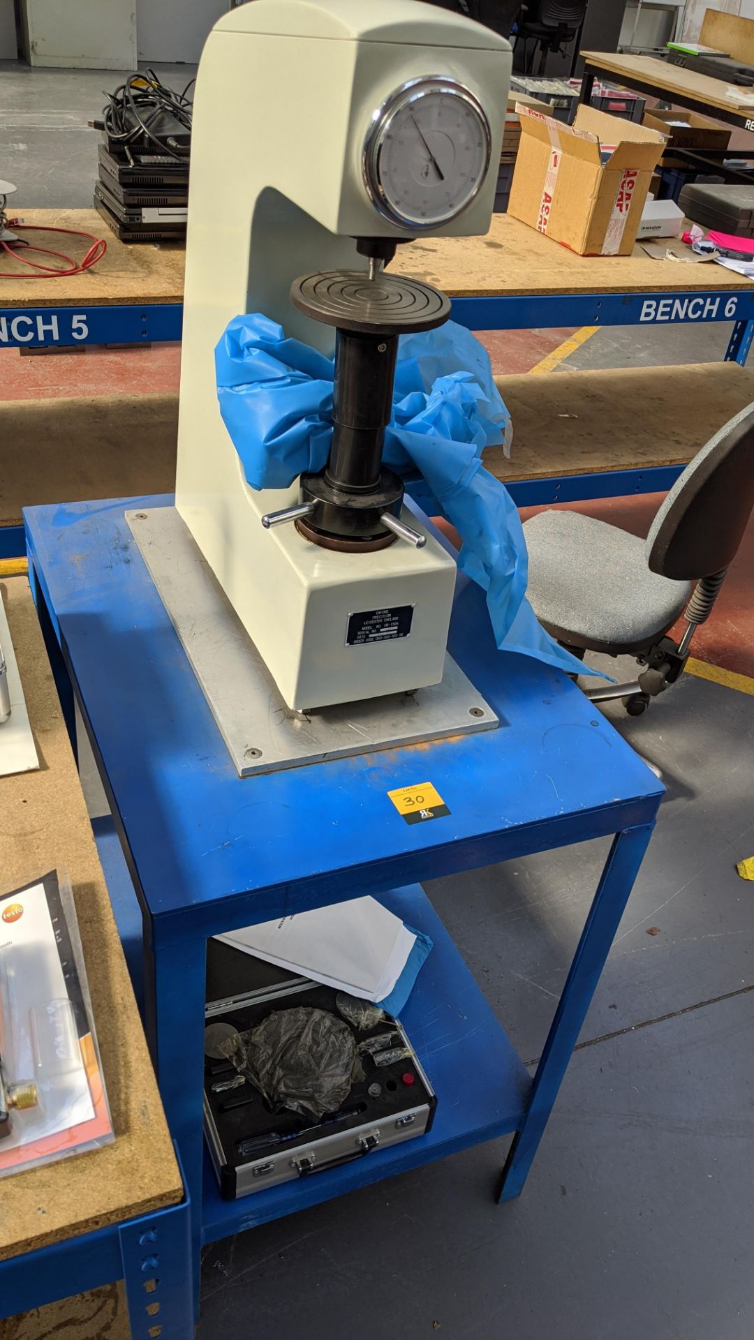 Oxford Precision model HR-150A Rockwell hardness tester on dedicated table plus case of - Image 2 of 9